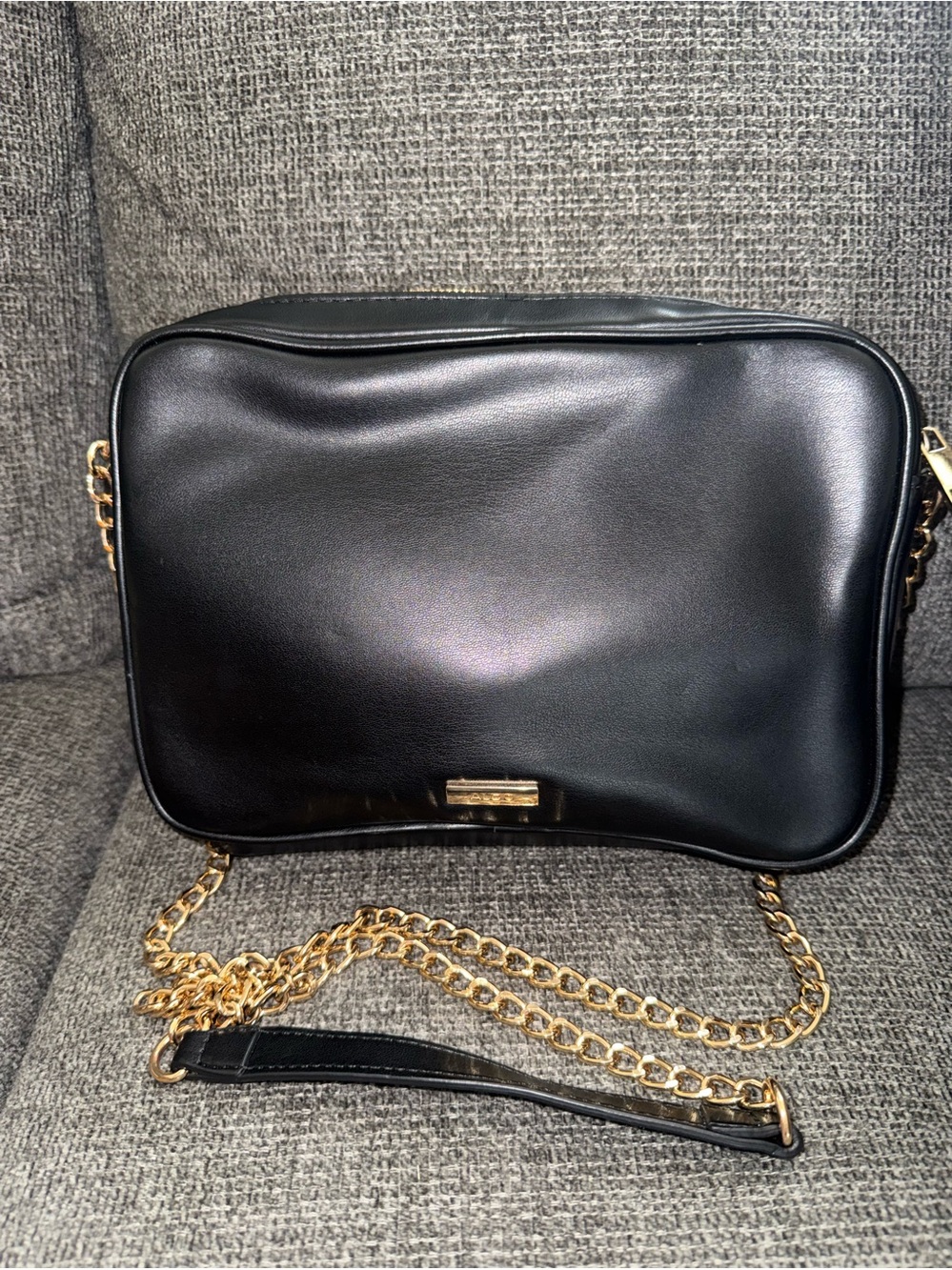 Black Leather Crossbody Bag with Gold Chain Strap